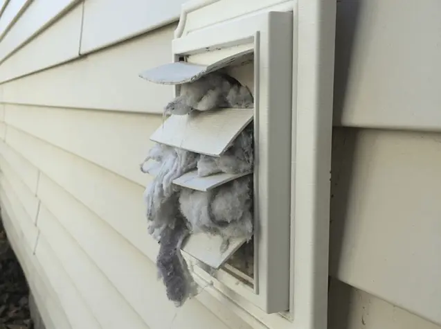Close-up of dryer vent clogged with lint buildup.