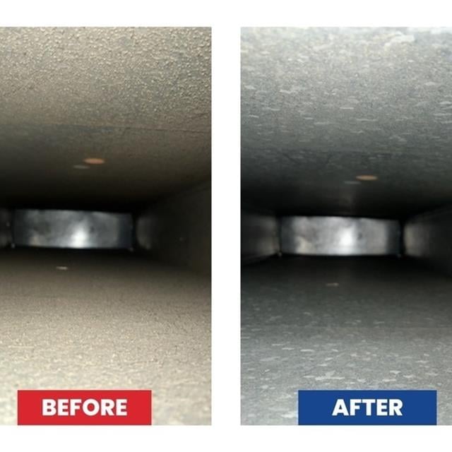 Before and after of a duct cleaning from inside a duct