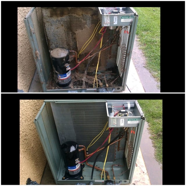 Before and after photos of an AC condenser Tune-Up