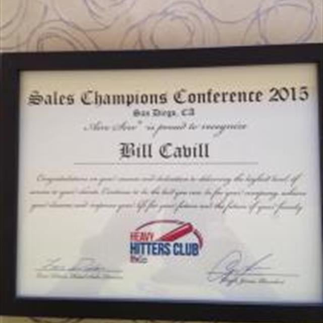 Close-up of Bill Cavill's Heavy Hitters Club 2015 certificate.