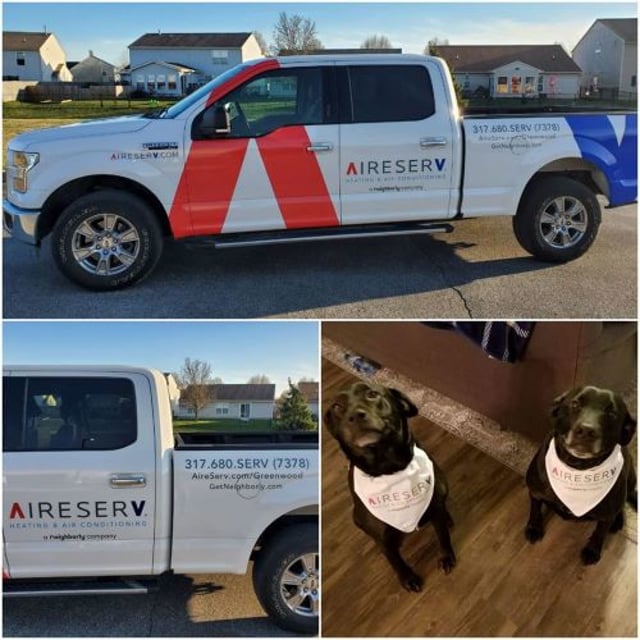 Photos of Aire Serv Truck and Dogs with Aire Serv scarf.