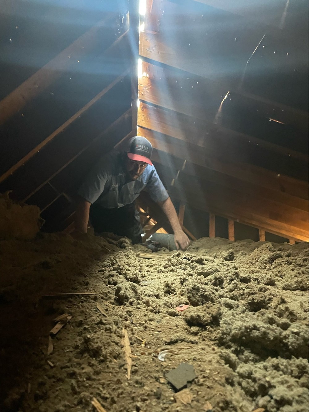 Team member checking vents in attic