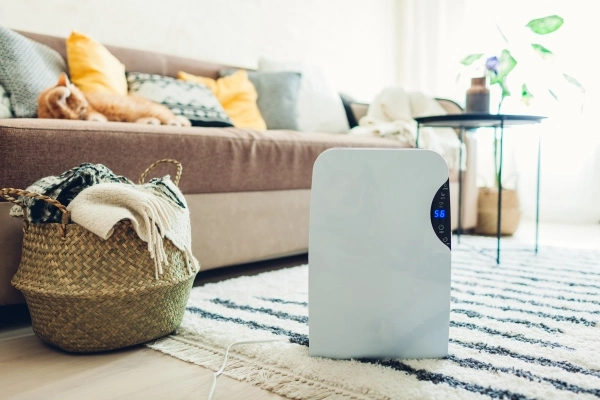 Mini dehumidifier on the floor of a living room in a residential home