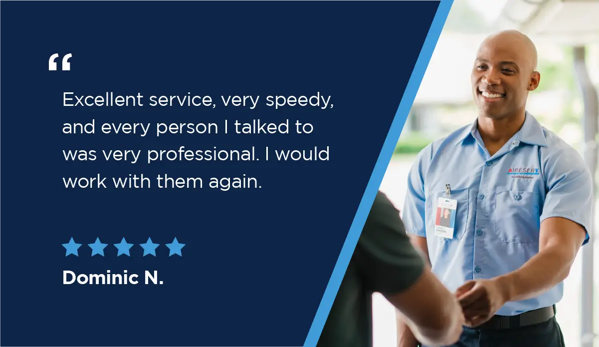 A five-star review from Dominic N. that reads “Excellent service, very speedy, and every person I talked to was very professional. I would work with them again.”